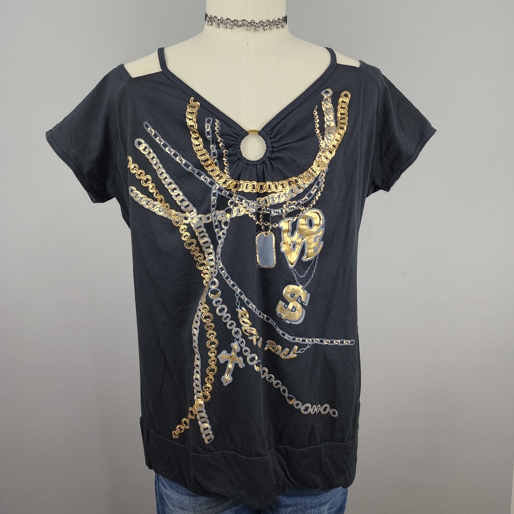 Ever Blue Black Cold Shoulder Top Gold Chain Sz 3X